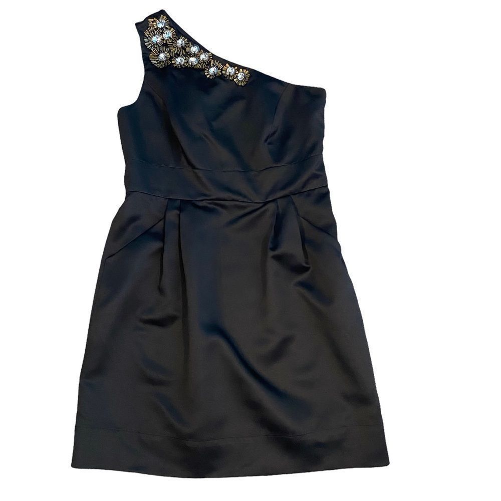 Shoshanna vintage inspired one shoulder dress w/pockets & Art Deco appliqué